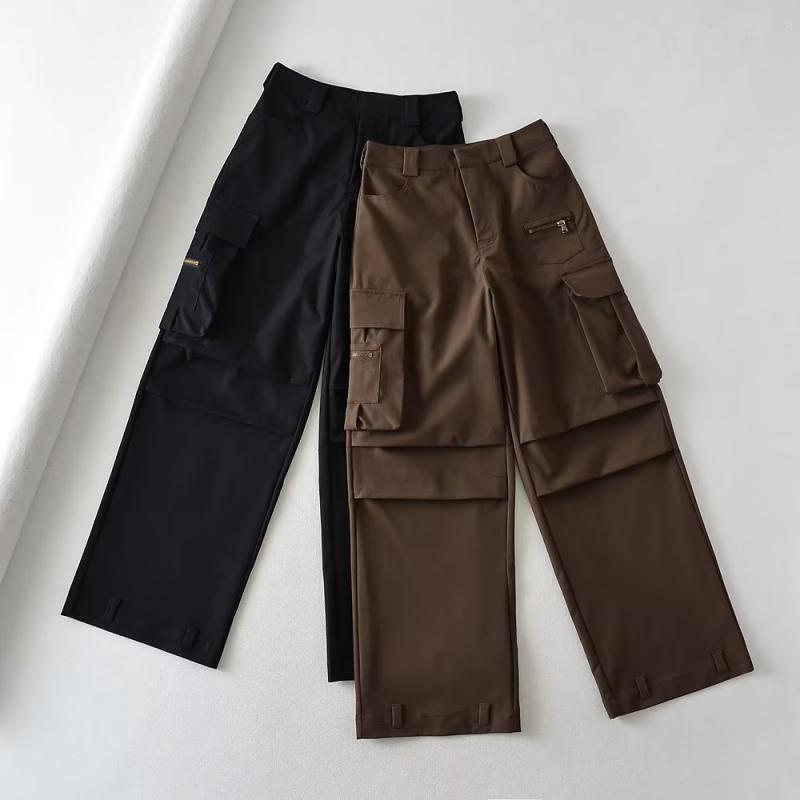 パンツ レディース 秋冬 女性用 初秋 スパイシー デザイン 個性的 レトロ ワークパンツ 高腰 スリム ポケット デコレーション ワイドレッグ ストレート 筒型 カジュアル デニム 素材 ストレッチ 軽量 通勤 普段使い アウトドア ブラック グレー