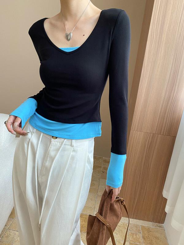 Tシャツ トップス 女性用 早秋 秋冬 ビッグシルエット Vネック 切り替えデザイン 撞色 スリム効果 偽二重 レイヤード コットン混 伸縮性 通勤 普段使い カジュアル 軽量 吸湿速乾 ブラック ピンク系 グレー