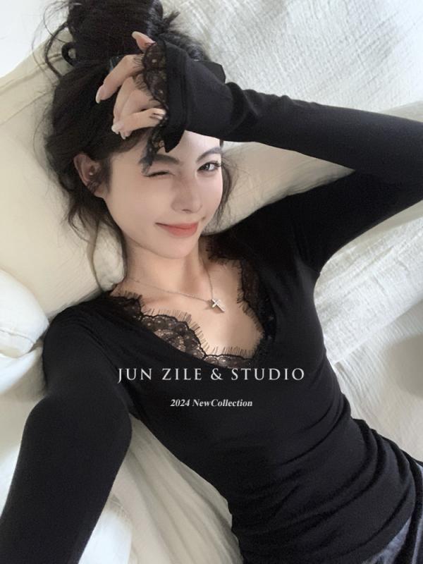 トップス 女性用 セクシー 内側用 インナー 2025年 女性服 新作 スリムフィット ボディシェイプ Vネック レース フリル ブラウス 修身 スリム ?・覧 ボディライン強調 上衣 トップス かわいい 軽量 通勤用 普段使い 伸縮性 綿 混紡 ハイネッ