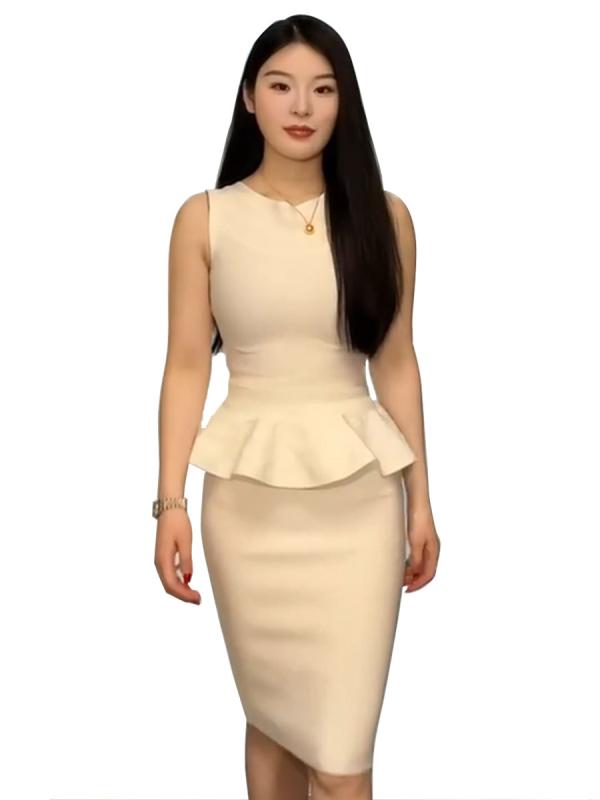 春夏 女性用 ワンピース 白色 魅惑的 通勤用 包み セット フィッシュテール ウエスト シェイプ ヒップ 伸縮性 OL 知性 スカート トップス 事務服 フォーマル コットン ミックス 軽量 スリム フィット 膝丈 フレア ロング ブラウス ジャケット |リバーパディ