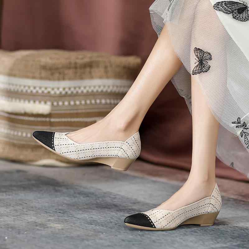 女性用 編み込み ニット ウェッジヒール ポインテッドトゥ オープントゥ シューズ 軽量 通気性 クッション性 ハイヒール ピンク ブラウン 切り替え 春夏 普段使い デート ウォーキング 足長効果 スタイリッシュ
