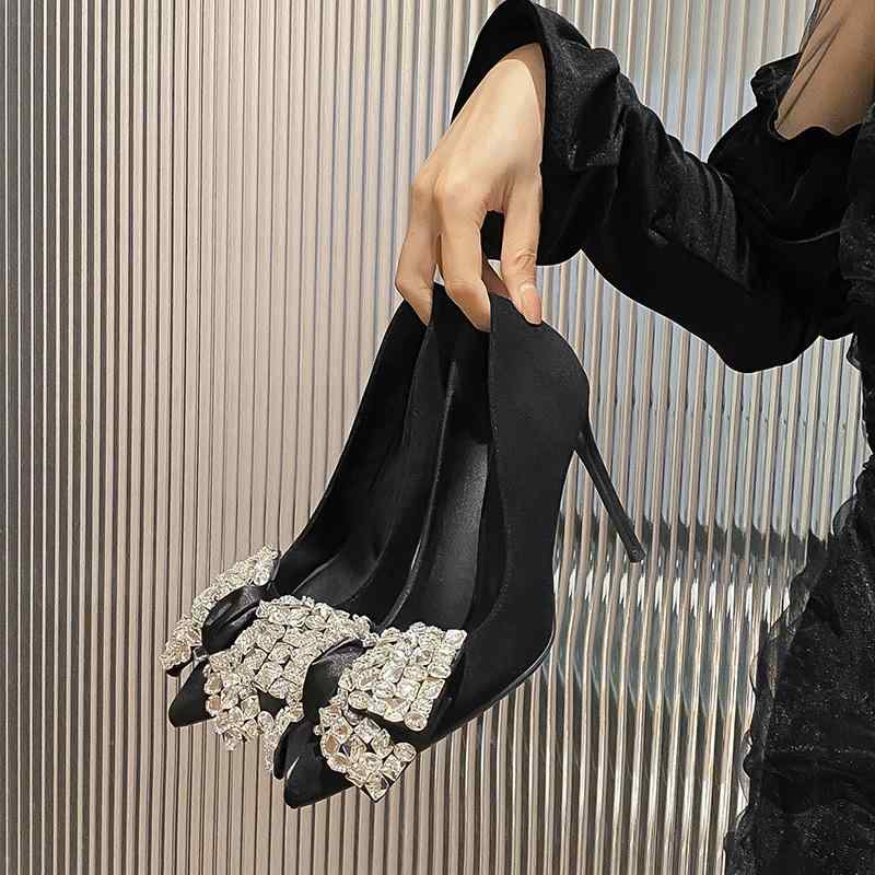 パンプス 女性用 秋冬 ブラック ハイヒール 細ヒール 水晶 蝶結び 名緩 尖頭 疲れにくい シングルシューズ 軽量 伸縮性 接触冷感 再生繊維 ハイウエスト ビッグシルエット Vネック ピンク系 アイボリー 通勤用 普段使い アウトドア|リバーパディ