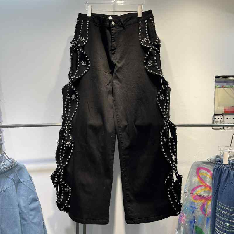 パンツ レディース 秋 牛仔 デニム 潮牌 デザイン 高腰 ワイドレッグ ゆったり スリム ロング ロング丈 ラフ ストレッチ 軽量 吸湿速乾 普段使い 通勤 秋冬 ブラック ブルー グレー ベージュ カジュアル ストリート ファッション｜リバーパディ