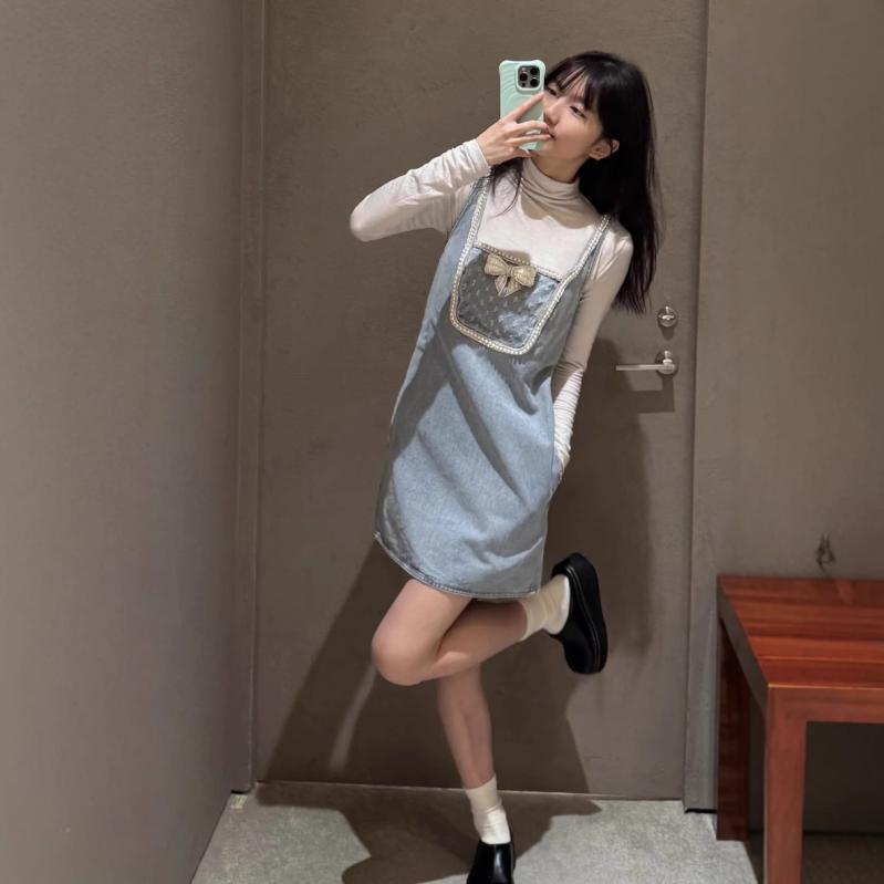 ワンピース 女性用 春夏 フレンチスタイル 小香 偽ツーピース ジルコニア 蝶結び 背中開き 吊り下げ デニム コットン ミックス 膝丈 軽量 通勤 普段使い かわいい シルエット