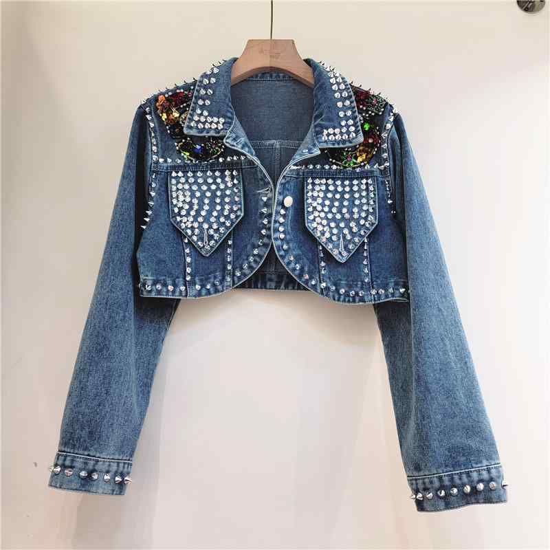 秋冬 女性用 ファッション ショート丈 デニム ジャケット 長袖 コート ヘビーウェイト ラバー 金属 ナット 装飾 カジュアル ストリート スタイル 軽量 通勤 普段使い 伸縮性 コットン 混紡 ビッグシルエット ブラック グレー ブルー デ｜リバーパディ