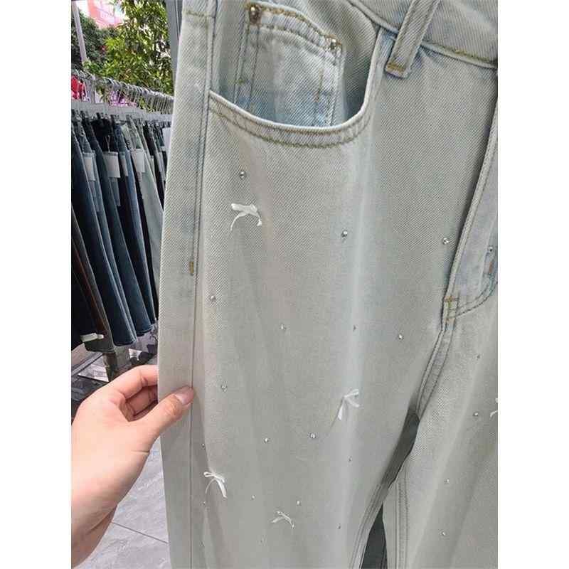 デニムパンツ レディース 春夏 ハイウエスト ビッグシルエット ストレートパンツ 切り替えデザイン かわいい 蝶結び 装飾ストーン 伸縮性 軽量 普段使い 通勤用 カジュアルスタイル スリム効果 長丈