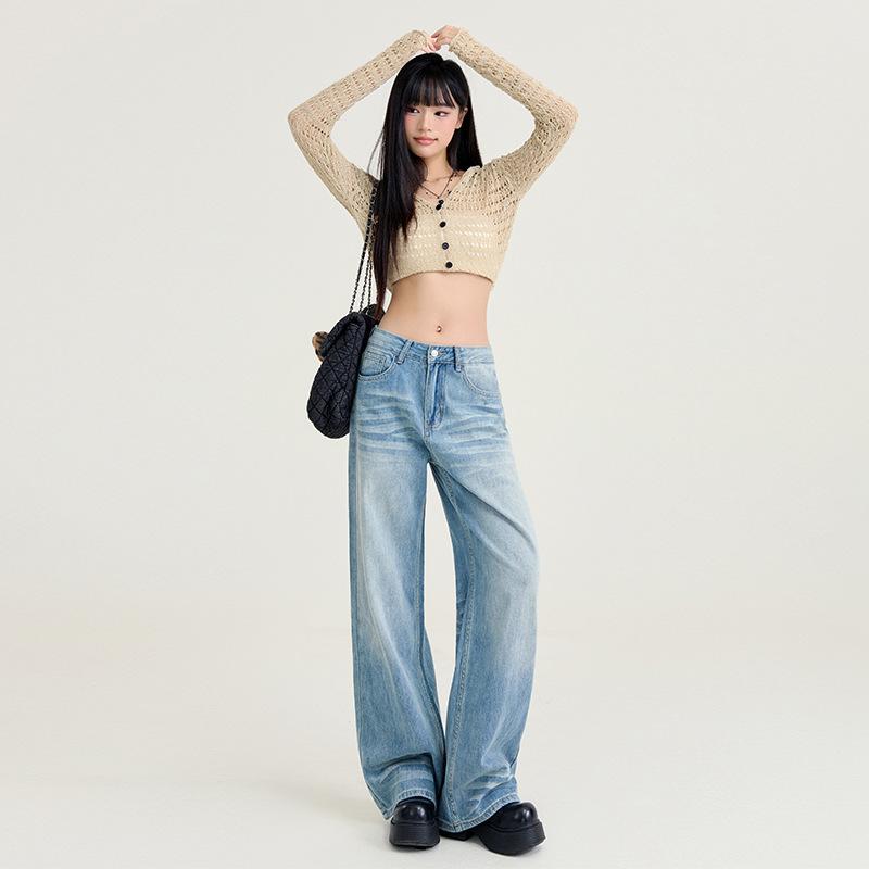 デニムパンツ 女性用 春季 ワイドレッグ ストレート ゆったり 高腰 スリム効果 ロング丈 ライトブルー 洗い加工 ストレッチ 通勤 普段使い コットン 再生繊維 カジュアル