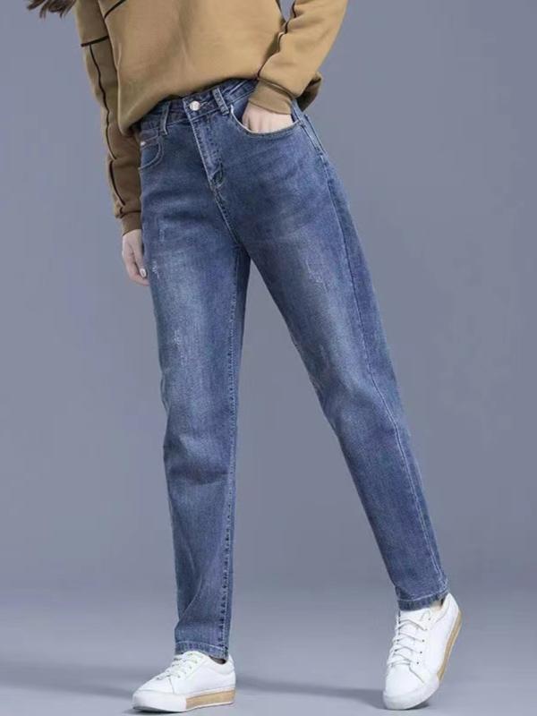 レディース デニムパンツ ハイウエスト ストレッチ 牛仔 ストレート ワイドシルエット ロング丈 普段使い 通勤用 軽量 柔軟素材 ブルー系 秋冬