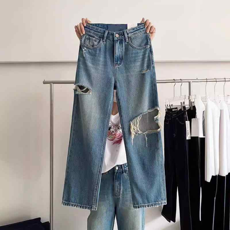 デニムパンツ 女性用 ハイウエスト ストレート 春夏 破れ 膝丈 スキニー コットン 伸縮性 通勤 普段使い 軽量 カジュアル ブラック ブルー グレー アイボリー ピンク系 ビッグシルエット スリムフィット