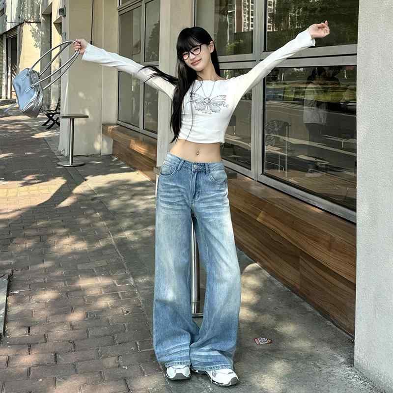 パンツ 女性用 春 デニム ワイドレッグ ストレート ロング丈 水洗加工 折り目 デザイン ゆったり シルエット 軽量 伸縮性 吸湿速乾 ブルー系 カジュアル 普段使い 通勤 春夏 コットン 素材 ハイウエスト ビッグシルエット 接触冷感