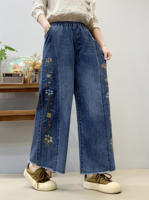デニムパンツ レディース 春夏 花柄刺繍 かわいいカートゥーン柄 ゆったりワイドシルエット 伸縮性 松腰 長丈 吸湿速乾 軽量 通勤普段使い コットン混 ブルー系 ハイウエスト|リバーパディ