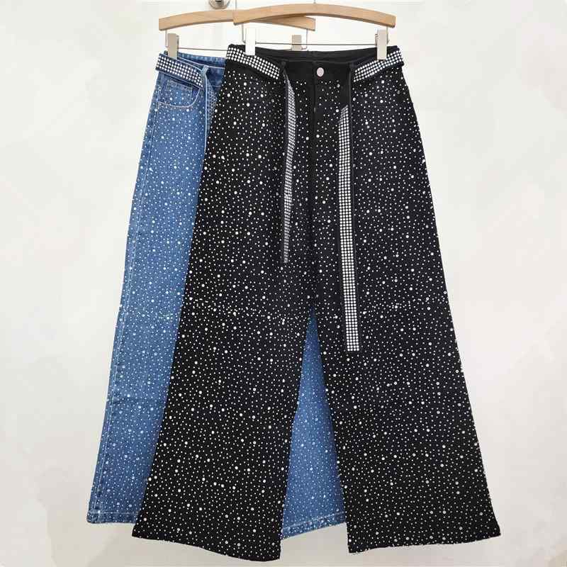 デニムパンツ 女性用 復古デザイン スタースタッズ 装飾 ウエストリボン 軽量 伸縮性 ハイウエスト ビッグシルエット ストレート ワイドレッグ インディゴカラー 通勤用 普段使い 秋冬 綿素材 吸湿速乾 ゆったりシルエット トレンドスタイル