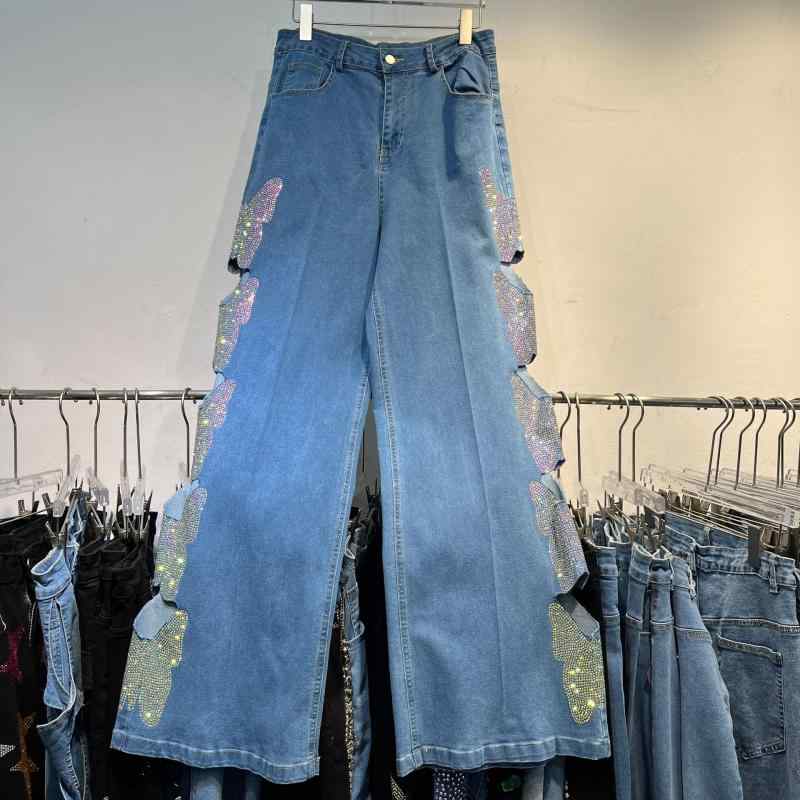 ワイドパンツ 女性用 春夏 牛仔 デニムパンツ 直筒 ロング丈 ハイウエスト 切り替え 刺繍 レースアップ 軽量 ストレッチ 吸湿速乾 スリムフィット ブラック ブルー ダークカラー 普段使い 通勤 アウトドア カジュアル｜リバーパディ