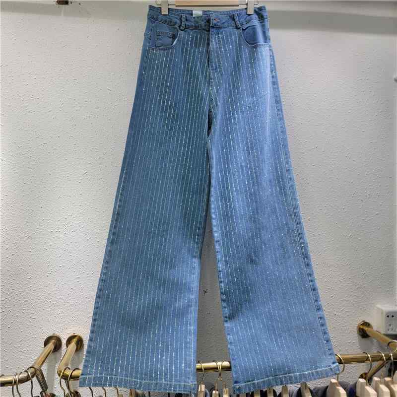 デニムパンツ レディース ストライプ ドリルブルー 高腰 弾力 伸縮性 ワイドレッグ ゆったり ストレート ロング丈 細かい光沢 軽量 吸湿速乾 通勤用 普段使い 秋冬 コットン混 再生繊維 ハイウエスト ビッグシルエット ブルー系 インディゴ