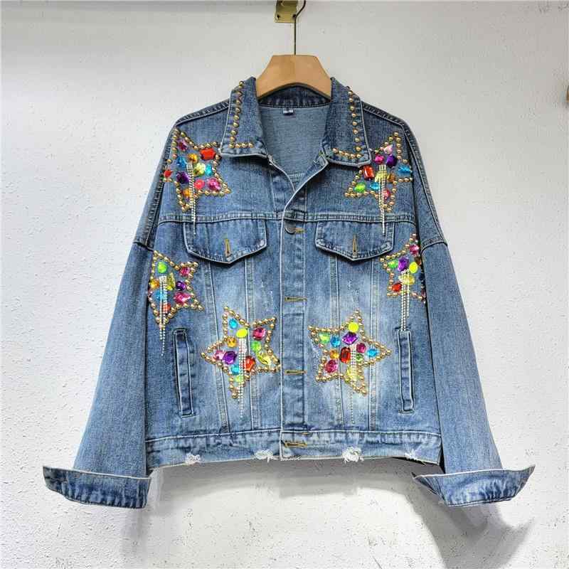 レディース デニムジャケット 秋冬 星モチーフ ビーズ刺繍 ルーズフィット コットン素材 軽量 伸縮性 普段使い 秋 ウィンター カジュアル トップス 切り替えデザイン ブラック ブルー系 アイボリー 吸湿速乾 ハイウエスト対応 ビッグシルエット 6,394円