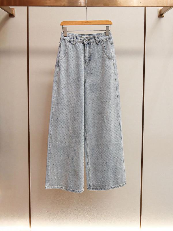 デニムパンツ レディース 大きいサイズ ハイウエスト ワイドパンツ ジーンズ ストーン加工 きらきら ビジュー ラインストーン ウォッシュ加工 ロング丈 ゆったり 体型カバー 着痩せ お腹周りカバー 体系カバー カジュアル 脚長効果 おしゃれ 定番 普段｜リバーパディ