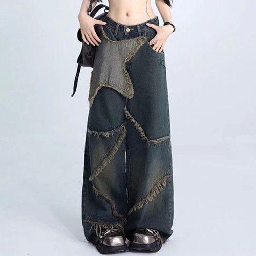ジーンズ 女性用 春夏 復古 Y2K 星型パッチ 切り替え デニム 高腰 ルーズ フレア ワイドレッグ ロング 毛羽立ち 裾 伸縮性 吸湿速乾 カジュアル 普段使い 通勤 アウトドア ライトカラー ブルー系 アイボリー ピンク