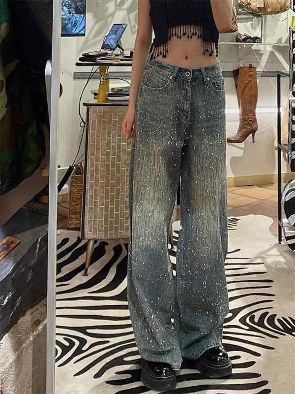ジーンズ 女性用 夏 切り替え フルジルコニア デニムパンツ ハイウエスト ロング丈 フレア スパンコール 光沢 伸縮性 吸湿速乾 軽量 スタイリッシュ ストリートファッション 普段使い 春夏 秋 デイリーウェア ハイファッション
