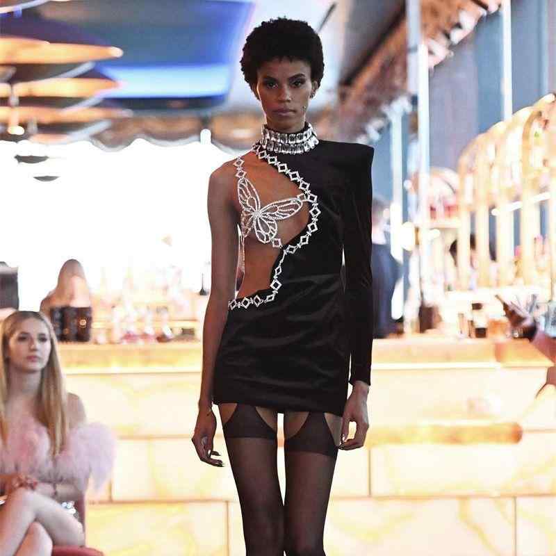 ワンピース レディース セクシー レース 切り替え シングルショルダー 袖 超短丈 ミニドレス キラキラ ラインストーン 蝶々 デザイン 豪華 派手 パーティー ドレス イブニング ガウン 女性用 華やか スタイル 軽量 伸縮性 ブラック ピンク系 夏