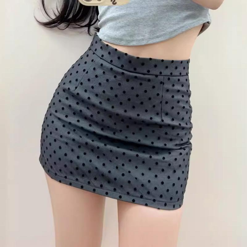 スカート 女性用 春 ハイウエスト スリミング フランネル ポルカドット レース ミドル丈 かわいい デザイン性 気品 Aライン 膝丈 軽量 伸縮性 春夏 普段使い デート 通勤