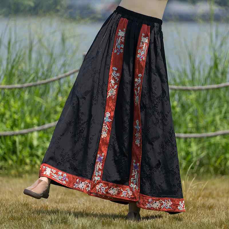 レディース スカート 復古 刺繍 ワンピース 伸縮腰 半身スカート 提花 スリムライン 大振りロング 綿混 軽量 通勤用 普段使い 春夏 ブラック アイボリー ピンク系