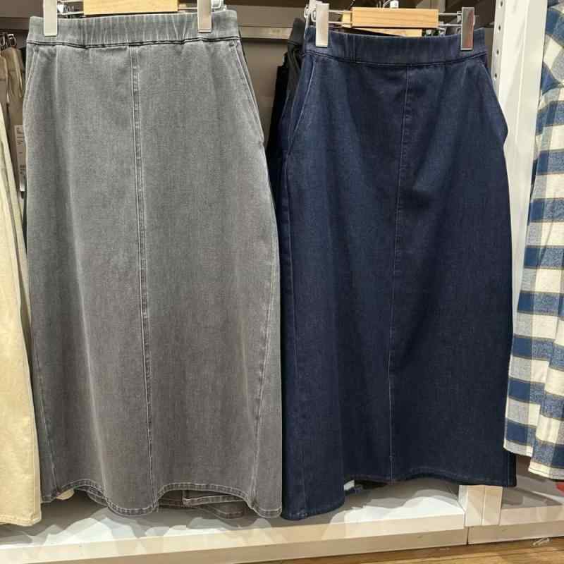 スカート 女性用 ハイウエスト ミドル丈 伸縮性 ボディシェイプ 洗濯可能 スリム 普段使い 軽量 コットン混 デイリー ブラック グレー ベージュ 秋冬 通勤 通学 膝丈 フレア タイト