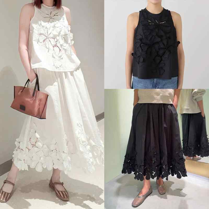 ブラウス セットアップ 女性用 秋 早秋 無袖 トップス 半袖スカート セット 立体 花柄 刺繍 色 ミラノリブ コットン混 軽量 伸縮性 ハイウエスト フレアスカート 膝丈 シンプル フェミニン 普段使い 通勤 通学 秋冬 レイヤード スタイリッシュ|リバーパディ