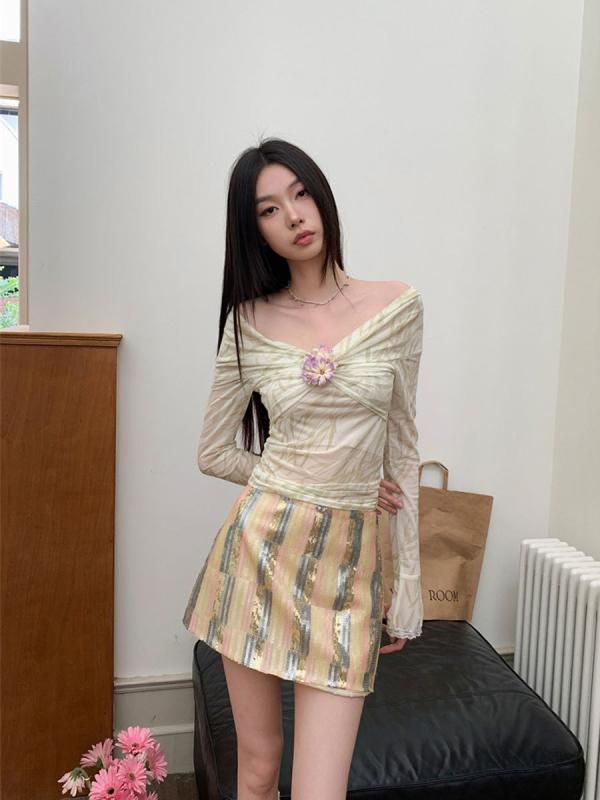 スカート レディース 女性用 ミディスカート デザイン性 小・異 新中式 カラフル ストライプ ラメ フィット スリム ショート丈 Aライン 夏 春夏 かわいい 軽量 伸縮性 吸湿速乾 ピンク系 ブルー系 通勤用 普段使い アウトドア