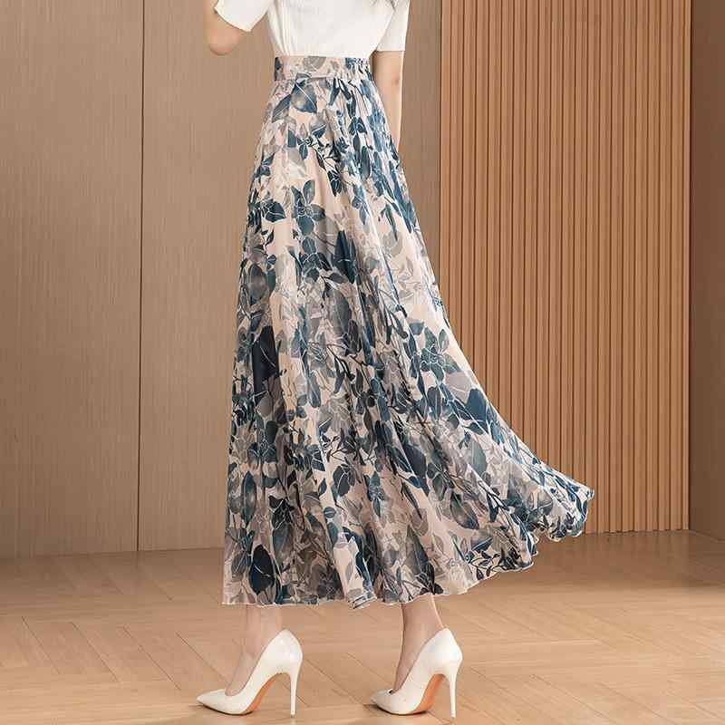 スカート 女性用 春夏 ミディ丈 フレア フレアスカート 雪? シフォン 薄手 軽量 花柄 プリント ヴィンテージ 復古 フラワープリント かわいい フェミニン ガーリー ゆったり シルエット 体型カバー スリム 修身 ロングスカート 膝下丈 フレアシル
