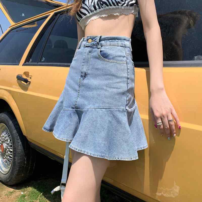 スカート 女性用 ハイウエスト 魚尾 包み込み タイト 復古 弾力 フリル デニム 半身 スリム Aライン ショート 膝丈 軽量 伸縮性 コットン ミックス デニム生地 普段使い 秋冬 ブルー系