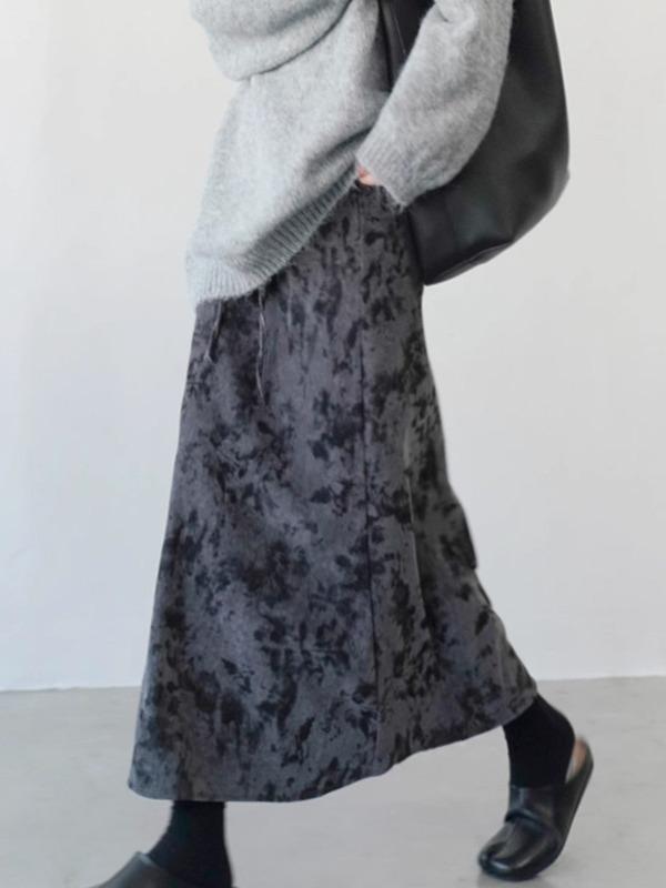 スカート 女性用 秋冬 フレンチスタイル ビンテージ 花柄 ベルベット 半身スカート 高腰 スリム Aライン ドローストリング インクパターン 膝丈 コットン混 軽量 伸縮性 普段使い 通勤 カジュアル