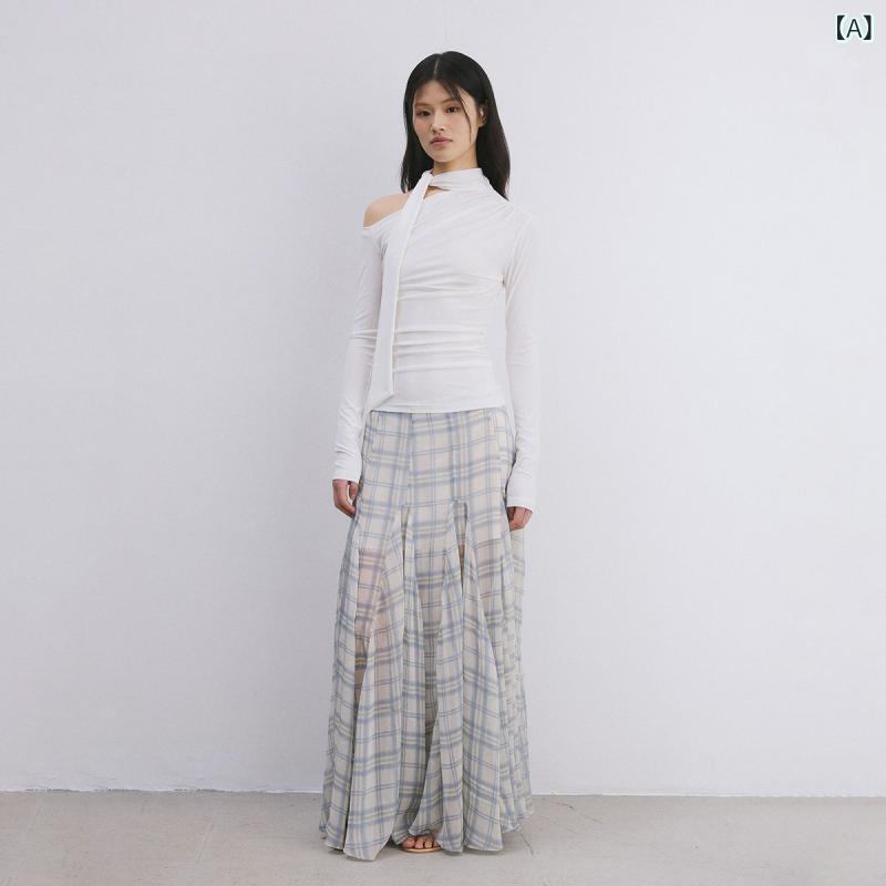 スカート 女性用 デザイン性 不規則 格子柄 フィッシュテール ボディシェイプ スリム 微透 レース ドレープ 優しい ミディ丈 ハーフスカート 軽量 通勤 普段使い 春夏 秋冬 通年
