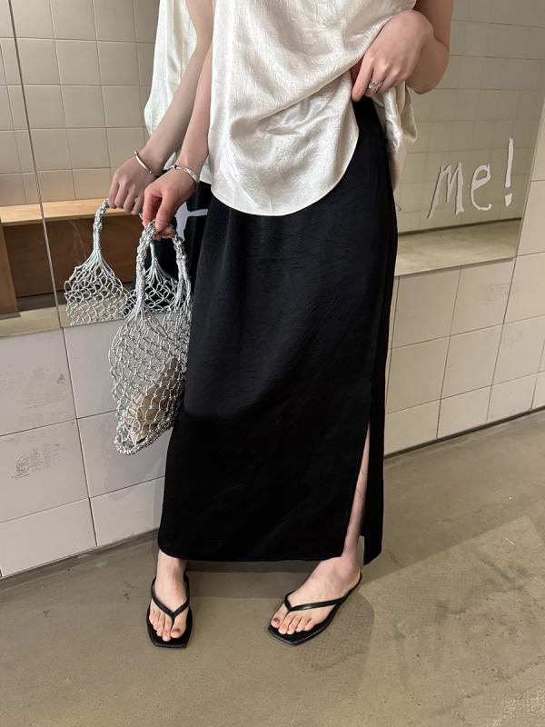 スカート 女性用 春夏 韓国 半身 スカート 醋酸素材 シンプル 気質 高腰 スリム サイドスリット 軽量 伸縮性 吸湿速乾 ハイウエスト ミディ丈 ブラック ピンク系 アイボリー 通勤用 普段使い カジュアルスタイル