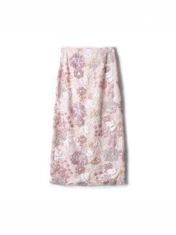 スカート 女性用 花柄 重厚刺繍 ビーズ スパンコール フレア 膝丈 華やか 光沢 コットン混 春夏 普段使い 軽量 伸縮性 ブラック ピンク系｜リバーパディ