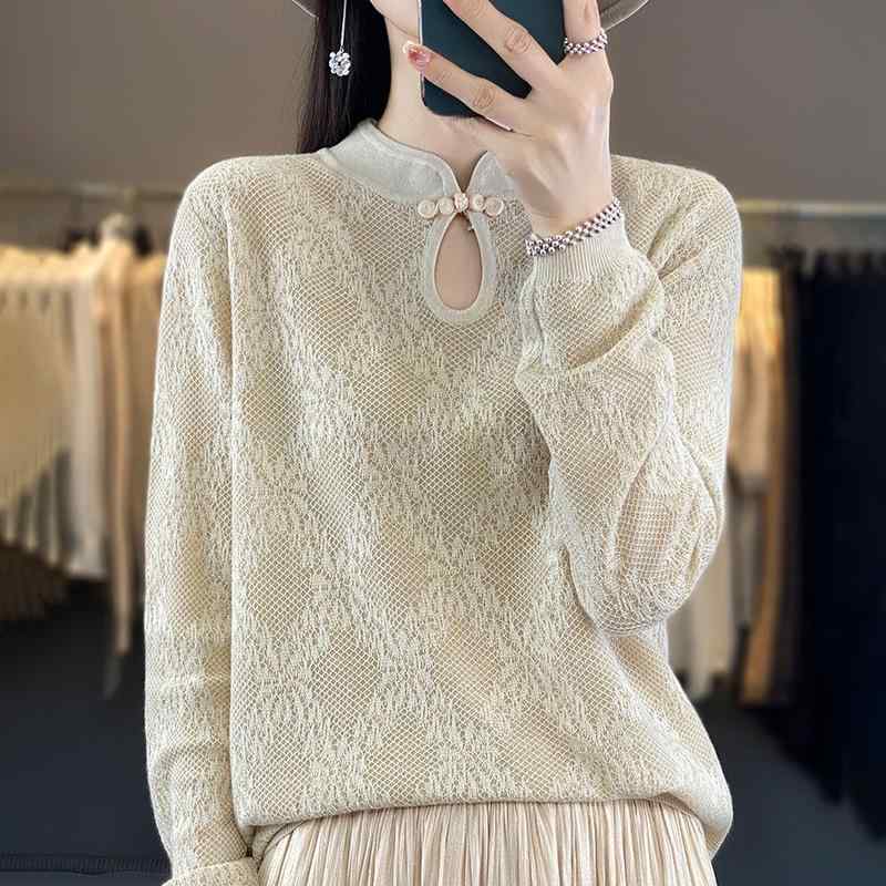 秋冬 ニットセーター 女性用 半高領 中式盤扣 レース 刺繍 切り替え 薄手 ゆったり ルーズフィット トップス ベースレイヤー 接触冷感 吸湿速乾 軽量 伸縮性 ブラック グレー ベージュ 通勤用 普段使い 部屋着 秋冬 ニット セーター 女性 半高領