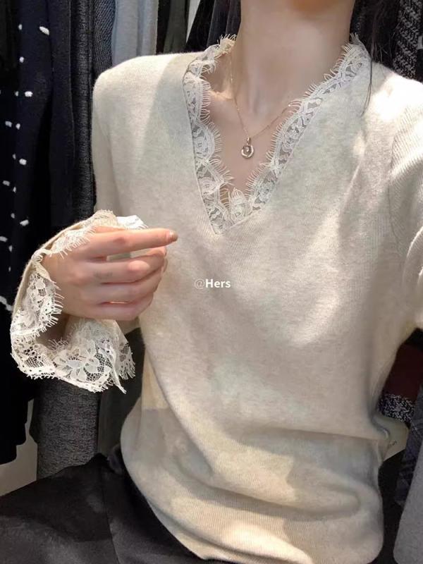 トップス 女性用 秋冬 Vネック レース 切り替え インナー ニット 長袖 セーター 修身 フィット 吸湿速乾 柔らかい 再生繊維 ホワイト ブラック グレー 暖かみ 通勤用 普段使い 軽量 伸縮性 4,106円