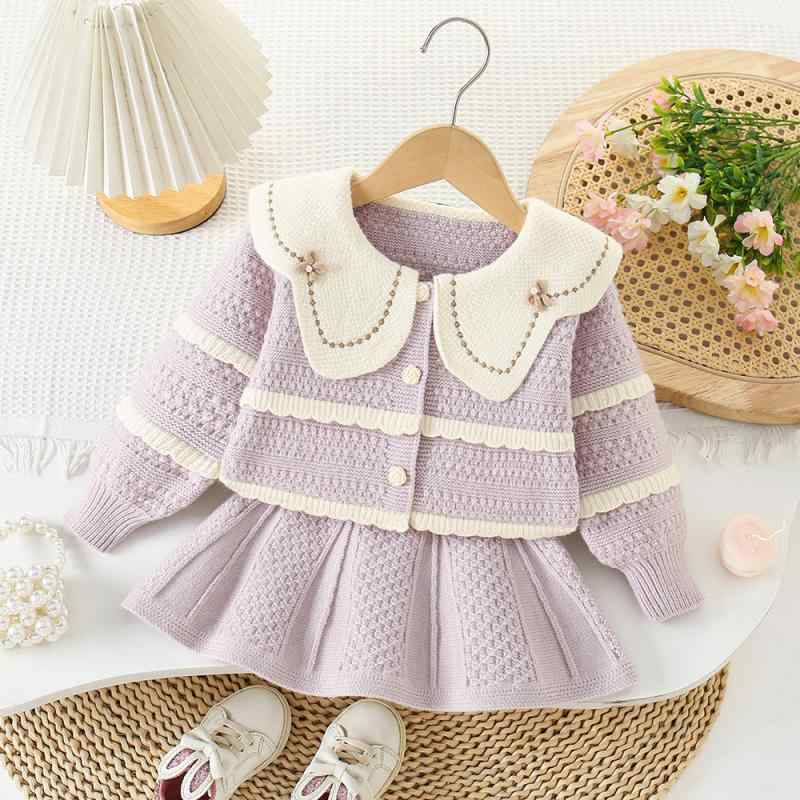 子供服 女の子 秋冬 ニット セーター スカート セット 長袖 荷葉エッジ 韓系 かわいい 暖か 柔らかい ウール混 膝丈 プリーツ コットン ライトグレー ピンク系 アイボリー 普段使い 学校用