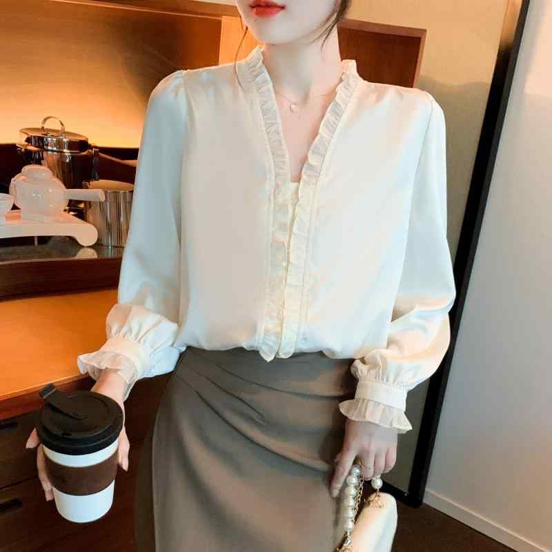 シャツ 女性用 長袖 シフォン トップス 春夏 気質 フリル 縁取り Vネック スタイリッシュ インナー 別注 上品 軽量 透け感 フェミニン シルエット ブラウス 秋冬 切り替え デザイン コットン 混 吸湿速乾 通勤用 普段使い