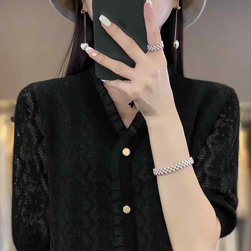 春夏 レディース レース ニット 短袖 カーディガン 花柄 フレア リブ 袖 中袖 インナー トップス 接触冷感 軽量 伸縮性 吸湿速乾 通勤 普段使い 部屋着 ブラック ピンク アイボリー