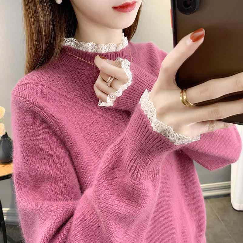 ニットセーター 女性用 ゆったりシルエット 秋冬 インナー 切り替え レース ニット トップス 長袖 暖かみ 柔らか素材 普段使い レイヤード スタイル ベーシック デザイン