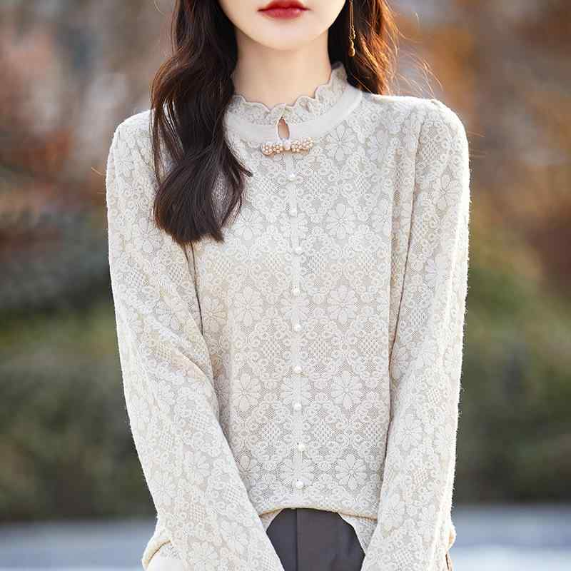 ニット トップス 女性用 早春 春夏 半高 スタンドカラー 精紡 超細羊毛 ファッション スタイリッシュ 真珠ボタン インナー 暖かみ 軽量 伸縮性 ベーシック 普段使い 通勤 ブラック グレー ベージュ