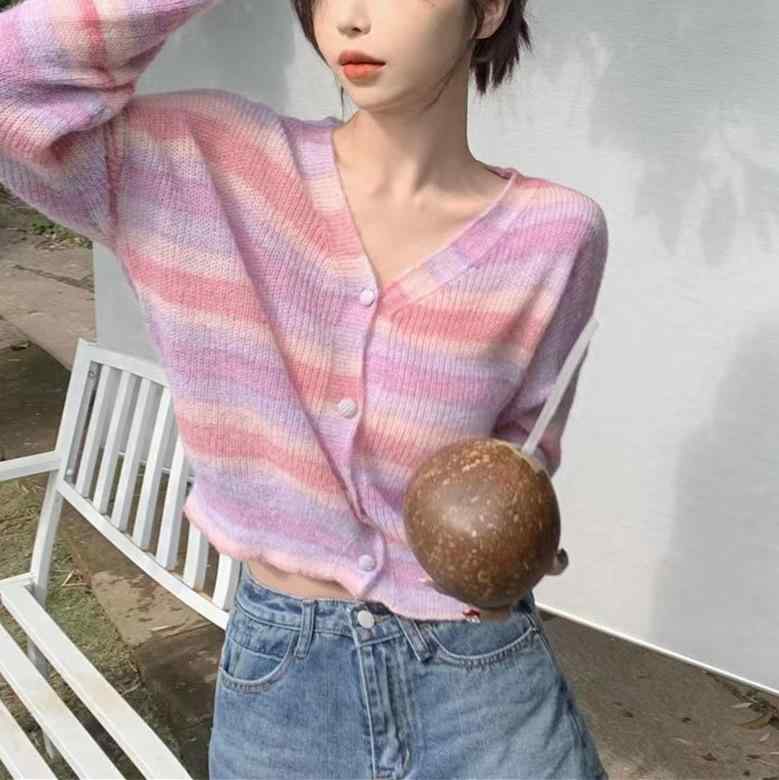 カーディガン レディース 春夏 薄手 ニット トップス Vネック 短め デザイン グラデーション カラー 虹色 切り替え 軽量 伸縮性 吸湿速乾 綿混 再生繊維 トレンド スタイル 普段使い 通勤 かわいい シルエット