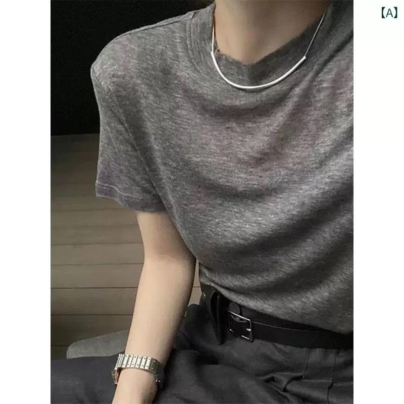 Tシャツ 女性用 春夏 薄手 ガーゼ素材 短袖 25 夏季 ゆったり スリム ラウンドネック 半袖 ニットトップス 綿混 吸湿速乾 軽量 接触冷感 ブラック ホワイト カジュアル 普段使い 部屋着