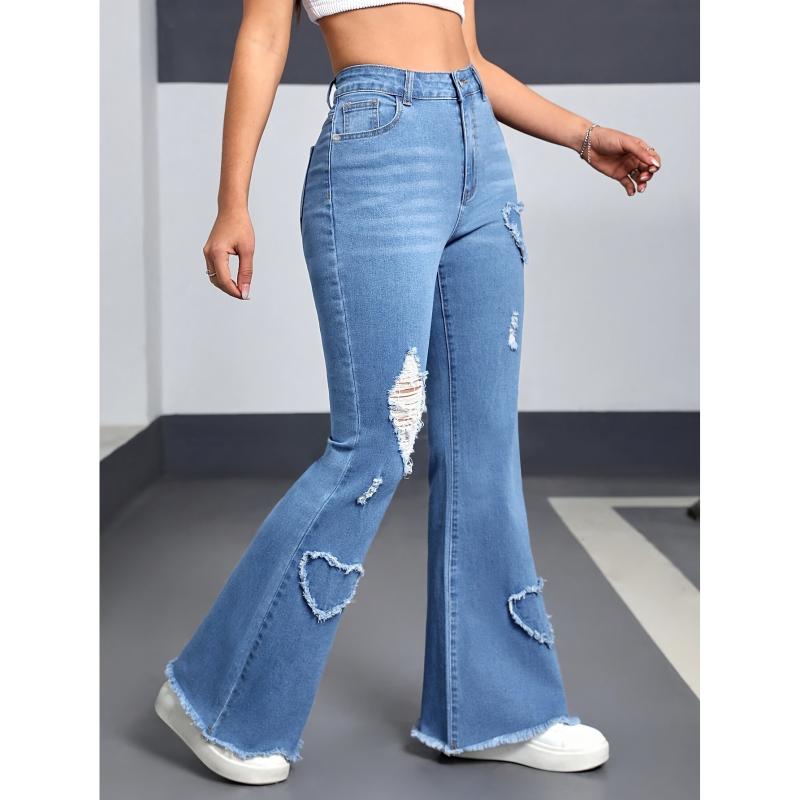 デニムパンツ レディース ハイウエスト フラットデニム 伸縮性 ハート柄 ダメージ フレアシルエット 軽量 切り替え ブルー 春夏 普段使い ストレッチ 通勤 カジュアル デニム素材 ハイライズ スリムフィット
