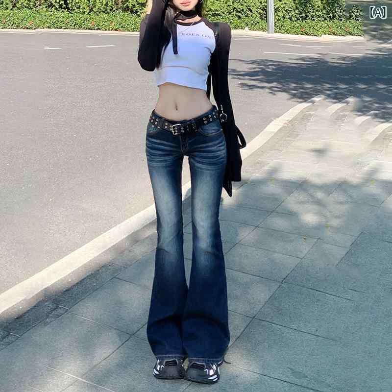 レディース デニムパンツ 低腰 フレア ストレッチ スリムフィット 痩せ見え ヴィンテージ 馬蹄 秋冬 秋 普段使い 通勤用 軽量 再生繊維 ハイウエスト ビッグシルエット ブルー ブラック ダークカラー