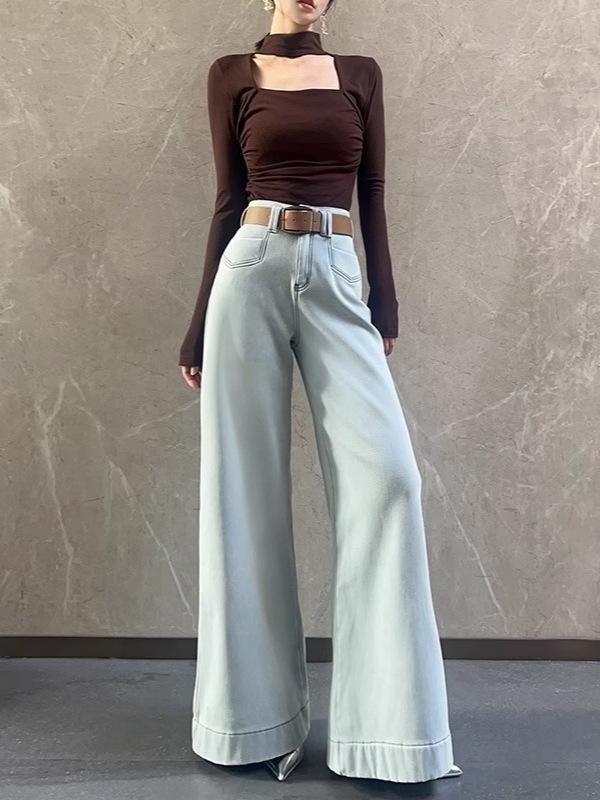 デニムパンツ レディース 春夏 ライトブルー ハイウエスト ワイドレッグ ゆったり スリム効果 ノンストレッチ フレア ロング丈 コットン ストレッチ 軽量 吸湿速乾 通勤 普段使い カジュアル