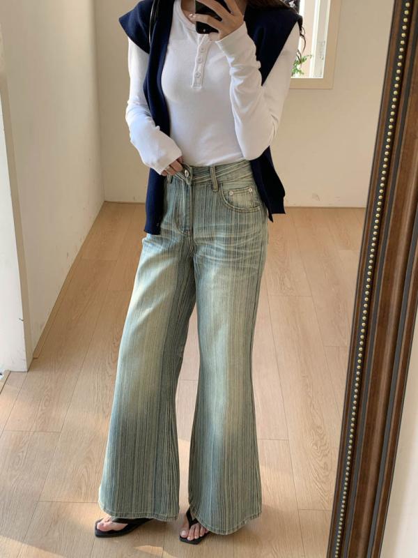 ジーンズ 女性用 春夏 ビンテージ 縦ストライプ フレア ワイドレッグ ロングパンツ 泥染め ゆったりシルエット コットン デニム ストレッチ カジュアル 普段使い 通勤 通学 軽量 吸湿速乾 ブルー系 アイボリー