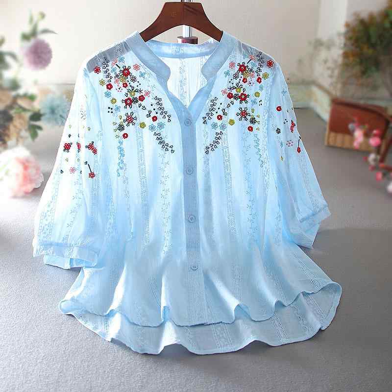 ブラウス レディース 刺繍 花柄 フレア袖 Vネック シャツ トップス 女性用 夏服 軽量 綿素材 かわいい フレア フレアスカート スリムフィット 花柄プリント フレッシュスタイル