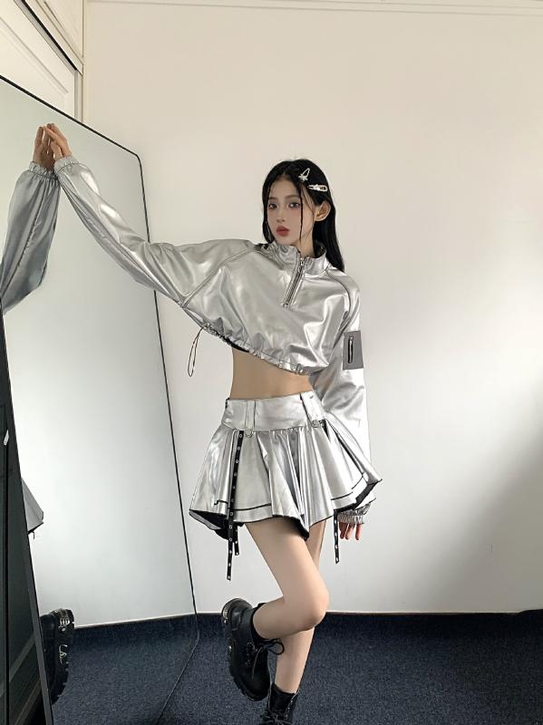 レディース 銀色 長袖 短丈 トップス 高腰 半身 スカート セット かわいい 伸縮性 再生繊維 軽量 ダンス 普段使い シルバー ブラック ピンク系 ハイウエスト ビッグシルエット ジャズダンス ストリートダンス 演出服 ルームウェア カジュアルスタイ
