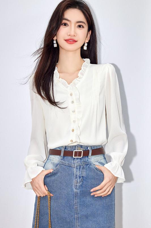 ブラウス 女性用 小香 シャツ フレアフリル シフォン トップス フレンチスタイル 気品 軽量 通勤 普段使い 春夏 再生繊維 伸縮性 吸湿速乾 Vネック ブラック ピンク系 アイボリー ビッグシルエット